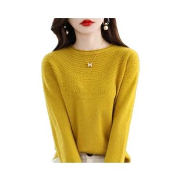 Imagem de Suéter Feminino De Lã Merino 100% Tricotado Com Gola Redonda E Detalhe