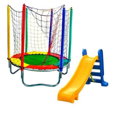 Imagem de Kit Brinquedos Playground Cama Elástica Pequena Pula Pula Trampolim 1,