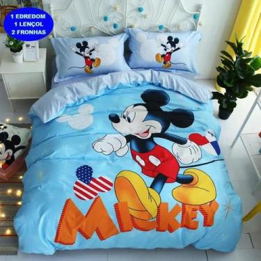 Imagem de Jogo De Cama Casal Infantil Mickey Azul 4 Peças Com Edredom - Casa Da