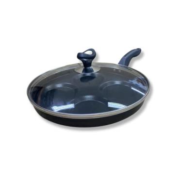 Imagem de Frigideira Teflon 4 Ovos/hamburgueres Antiaderente Com Tampa de Vidro Cavidades