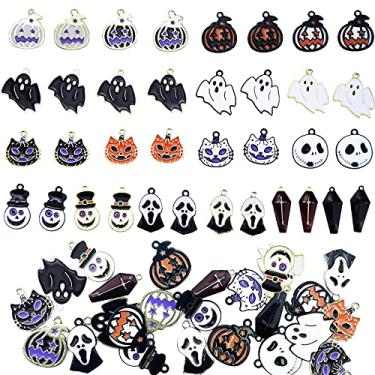 Imagem de 36 peças pingentes de Halloween sortidos banhado a ouro preto esmalte abóbora fantasma palhaço chapéu de feiticeiro amuletos de Halloween para fazer joias faça você mesmo colar, pulseira, brincos,