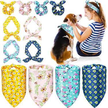 Imagem de Pacote com 12 bandana para cães e conjunto de elásticos combinando, incluindo 4 babadores de lenço de flores para cães, 4 laços de cabelo de laço de verão, 4 lenços de pescoço para cães e dono de roupas combinando roupas para cães pequenos e presentes para dono de animais de estimação