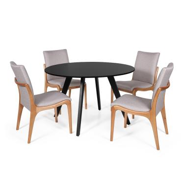 Imagem de Conjunto Mesa de Jantar Redonda Júlia 120cm Preta com 4 Cadeiras Estofada em Madeira Garbo Cinza Claro