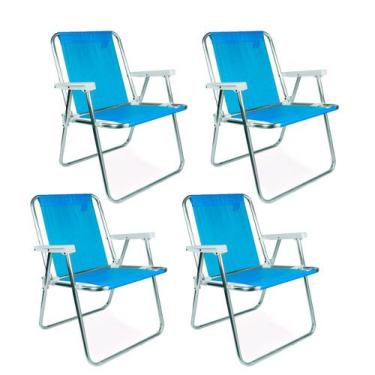 Imagem de Kit 4 Cadeiras De Praia E Jardim Alta Dobrável Alumínio Azul Mor