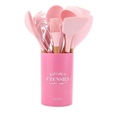 Imagem de Conjunto de utensílios de cozinha de silicone, 12 peças/conjunto, antiaderente, resistente ao calor, cabo de madeira, conjunto de utensílios de cozinha de silicone com recipiente,