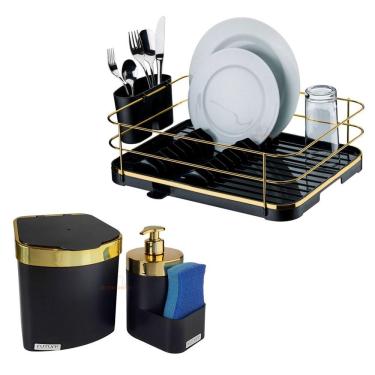 Imagem de Kit Escorredor De Louça Talheres Lixeira 2,5L Dispenser Porta Detergente Cozinha Preto Dourado - Future