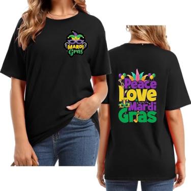 Imagem de UIFLQXX Peace Love Mardi Camiseta feminina com estampa de letras, gola redonda, manga curta, plus size, roupas casuais divertidas Carnaval, Preto, G