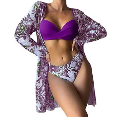 Imagem de Biquínis femininos de cintura alta 2024 sexy conjunto de biquíni 3 peças saída de praia para mulheres com estampa floral frente única, D, GG