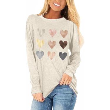 Imagem de Woffccrd Camisetas femininas Love Heart de manga comprida com gola redonda e estampa de gnomos de coração xadrez casual, Bege 1, P