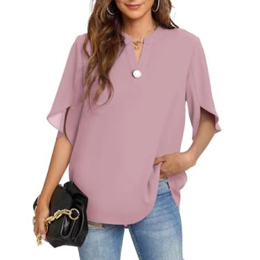 Imagem de Funlingo Tops femininos de verão camisas casuais de manga curta gola V chiffon blusa elegante tops, 01 - pasta de feijão rosa, 3G