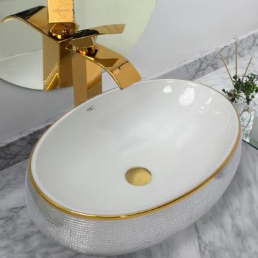 Imagem de Kit Cuba Pia Louça Cerâmica Banheiro C/Torn e Vál Dourada 52