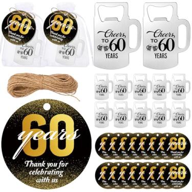 Imagem de Havawish 25 conjuntos de lembrancinhas de festa de aniversário de 60 anos para convidados abridor de garrafas em forma de cerveja chaveiro Cheers and Beers to 60 Years abridor de garrafas com cartão