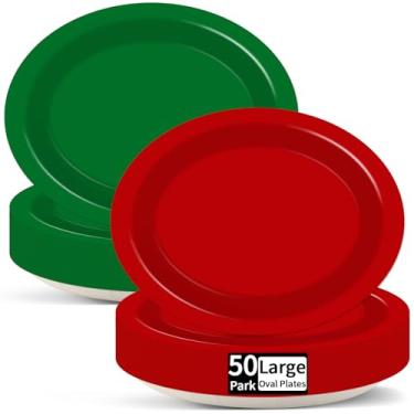 Imagem de 50 peças de pratos ovais de Natal a granel grande 28 cm prato de papel oval descartável de Natal vermelho e verde bandeja de prato resistente para Natal, inverno, férias, artigos de festa de