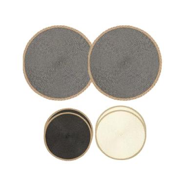 Imagem de Kit 2 Uni Jogo Americano Redondo Algodão Com Borda de Fibra Natural 34cm Estiloso Ideal P/Mesa Posta Jantares Sousplat Moderno (Cinza)