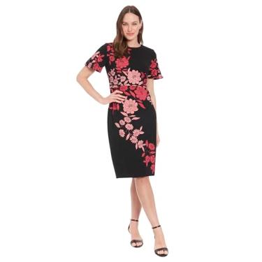 Imagem de London Times Vestido feminino com gola joia, manga esvoaçante, elegante, elegante, elegante, comprimento midi, Preto/flor de pêssego, 40