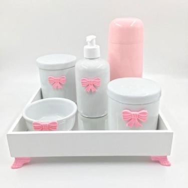 Imagem de Kit Higiene Bebê Porcelana Lacinho Bandeja Mdf Garrafa Rosa 6pçs - TG 