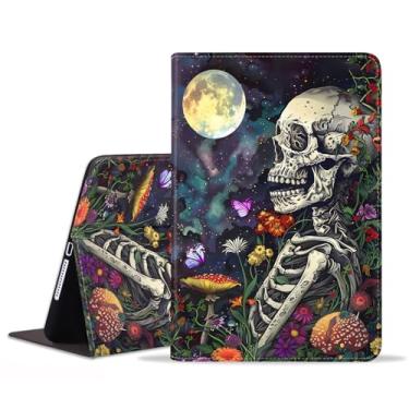 Imagem de FVAENDHIO Capa para Samsung Galaxy Tab S10 Plus 2024/ S9 Plus / S9 FE Plus 5G 12,4 polegadas 2023, suporte ajustável, auto despertar/hibernar, capa de couro inteligente, flores de caveira sob a lua