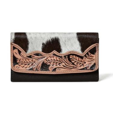 Imagem de Merbaa Carteira feminina Sundown Stash de couro de vaca com três dobras com bloqueio de RFID, Marrom, Merbaa Carteira feminina de couro de vaca e cabelo em couro dobrável com fecho magnético