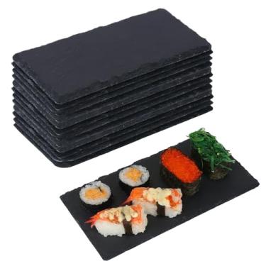 Imagem de IHDYPPEW Tábuas de queijo de ardósia, pacote com 13, mini pratos de ardósia, 4 x 8, tábuas de charcutaria preta - Bandeja de servir de pedra natural com giz de pedra-sabão para festas, presentes e