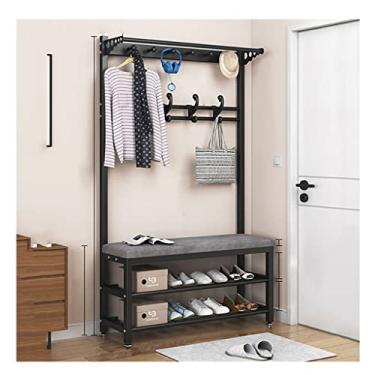 Imagem de Cabide de entrada 3 em 1 Banco de sapato com banco de 2 camadas e armazenamento de sapatos, 10 ganchos para corredor, cabideiro, entrada, quarto, corredor, sala de estar, fácil de montar, 170 cm de