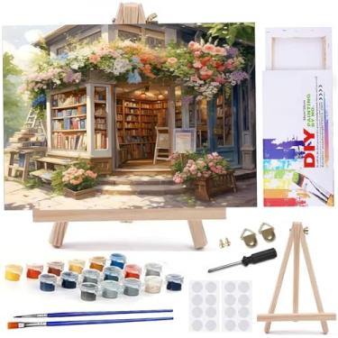 Imagem de MaiMMaledy Kit de pintura por números para adultos iniciantes imagens em tela com desenho emoldurado pigmento acrílico com cavalete triangular de madeira livraria 20x30 cm C cm