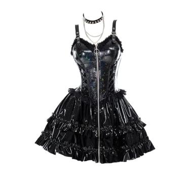 Imagem de MEOWCOS Vestido feminino gótico de couro PU vestido gótico de Halloween
