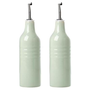 Imagem de famiware Jupiter Frasco dispensador de azeite de oliva de cerâmica de 473 ml, conjunto de 2 frascos dispensadores de azeite de oliva e vinagre com despejadores de aço inoxidável, adequado para