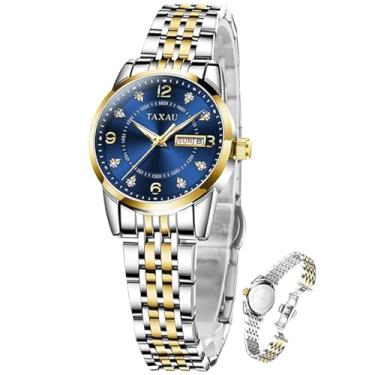 Imagem de Relógio feminino moderno, diamante, luminoso, analógico, quartzo, aço inoxidável, à prova d'água, com data, dois tons, Azul dourado - nklh-t-l8102, round, Relógios modernos