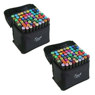 Imagem de Canetas Permanente 60 Cores Estojo Canetinha Ponta Dupla Kit 2 unidades Marcador Desenho Pintura Escola Trabalho Arquitetura Cartaz