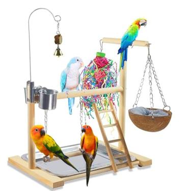 Imagem de Brinquedos para pássaros, plataforma de madeira para papagaio, parquinho de pé, escada de poleiro para pássaros, brinquedos esportivos para mastigar, suporte de pássaros, brinquedos divertidos de sino