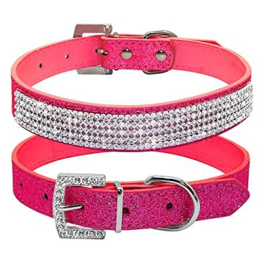 Imagem de Pimaodog Coleira para cachorro com strass, linda coleira de cachorro de couro brilhante para cachorro gato com strass cristal diamante para cachorro (M: 27-35 cm, rosa choque-1)