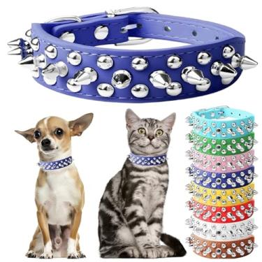 Imagem de Coleira para cães com pontas, coleiras de filhote de cachorro de couro PU, cogumelos, rebites, garotos, cravejadas, para gatos, ajustáveis para cães XXS XS médio e grande, azul, M