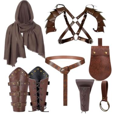Imagem de 8 peças de fantasia masculina renascentista medieval pirata xaile bolsa cinto armadura ombro braçadeiras cinto espada bolsa cosplay acessório, Marrom, One Size