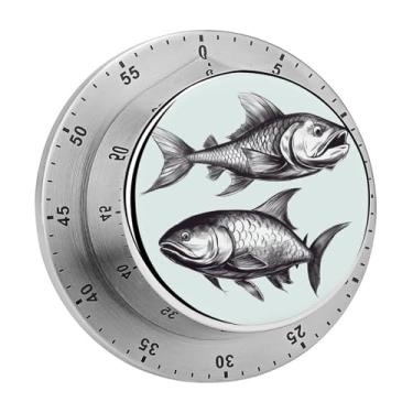 Imagem de Cronômetro mecânico de aço inoxidável para cozinha com desenho de peixe impresso em aço inoxidável para projetos de fitness e tarefas de cozinha