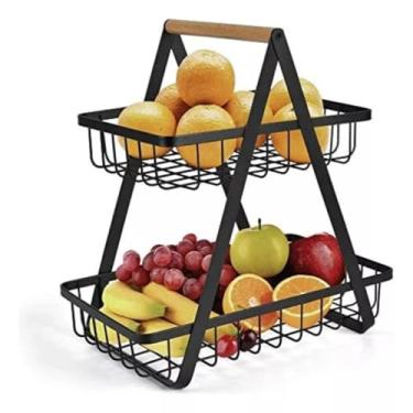 Imagem de Fruteira de Mesa Organizador de Alimentos Multiuso Cesta de Frutas de Metal 2 Andares Casa e Cozinha(Quadrada Preta)