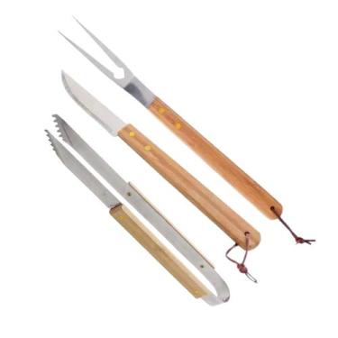 Imagem de Jogo de Garfo, Faca e Pinça de Churrasco Profissional Corte Aço Inox C