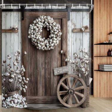 Imagem de Drgilau Cortina de chuveiro rústica para porta de celeiro, cortina de chuveiro de madeira vintage country flores de algodão decoração de cortina de banheiro à prova d'água conjuntos de cortinas de