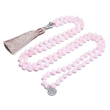 Imagem de Hovaete Colar Com 108 Contas De Oração Mala, Pedras Naturais, Meditação, Ioga, Joias, Japa, Nó Feito À Mão, Borla Longa Pingente Da Árvore Vida Para Homens E Mulheres (Quartzo Rosa 8 Mm)