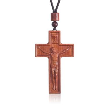 Imagem de KOMI Colar Jesus Cristo para homens e mulheres crucifixo de madeira natural pingente cruz joias católicas presentes religiosos