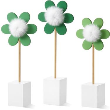 Imagem de Chunful 3 Pcs Daisy Nursery Shelf Decor Boho Daisy Table Centerpieces Wooden Flower Nursery Decor Bohemian Style Standing Tabletop Decoration for Home Bedroom Bookshelf Party Gift(Green)