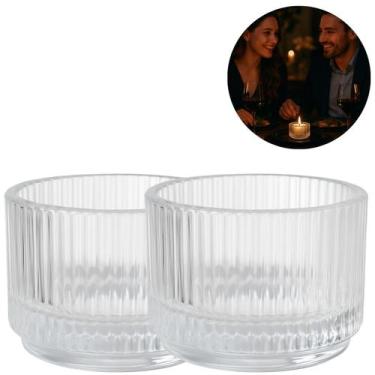 Imagem de 2 Suportes Castiçal Porta Velas Vidro Redondo Relevo 40ml - Freecom