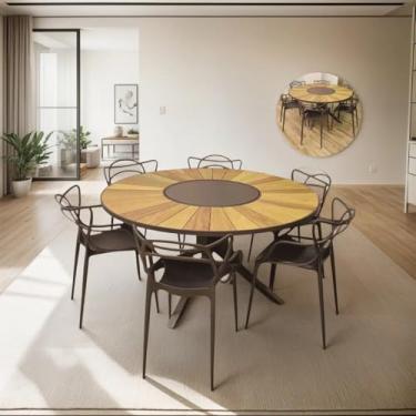 Imagem de Conjunto Sala de Jantar Mesa Madeira 1,30m Centro Giratório 6 Cadeiras Alegra Área Externa (Marrom)