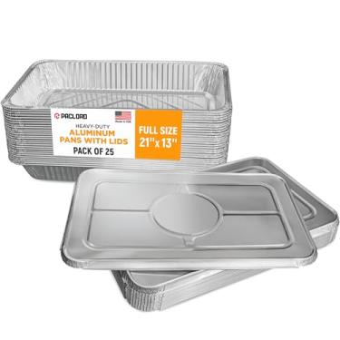 Imagem de Paclord Panelas de alumínio com tampas - 53 x 33 cm com tampas, pacote com 25 panelas e 25 tampas, bandejas de alumínio descartáveis feitas nos EUA para prateleiras de atrito - ótimas para cozinhar