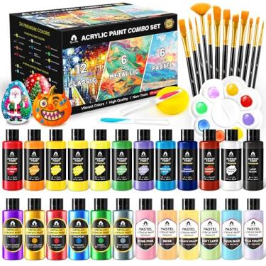 Imagem de Conjunto de 40 peças de tinta acrílica clássica, metálica e pastel com 12 pincéis, 2 facas e paleta, 24 cores (60 ml) - para adultos, crianças, artistas e iniciantes - Kit de pintura de artes e