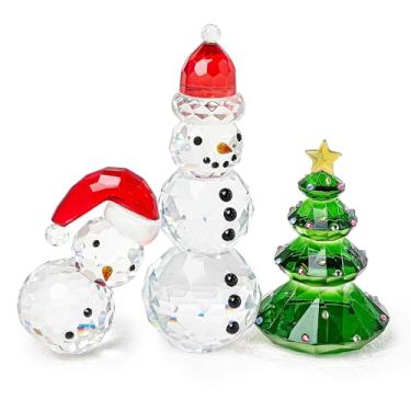 Imagem de QFkris Conjunto de 3 figuras de cristal de boneco de neve e árvore, estatueta de árvore de Natal de cristal, decoração de boneco de neve de vidro pequeno, peso de papel para mesa