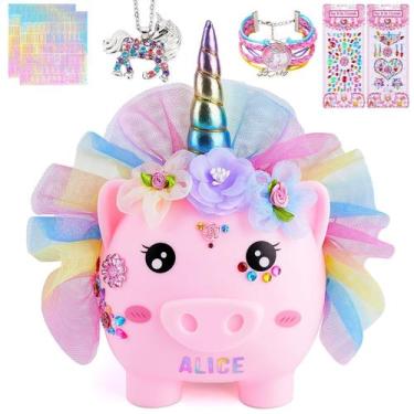 Imagem de Piggy Bank Play Tailor Unicorn para meninas com adesivos DIY