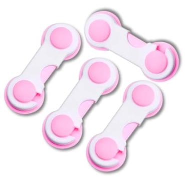 Imagem de Kit 4 Trava de Segurança Bebê Proteção Infantil com Adesivo Multiuso Criança Fechadura para Porta Janela Gaveta Armário sem Furo (ROSA)