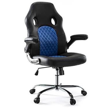 Imagem de OLIXIS Mesa de escritório ergonômica para jogos, apoios de braços flip-up e suporte lombar couro PU executivo médio encosto cadeira de computador para adultos, azul
