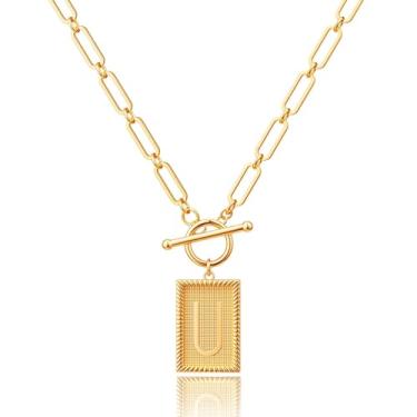 Imagem de Robaice Colar feminino banhado a ouro 14K, pingente de alfabeto personalizado com gravação inspiradora, corrente de clipe de papel, joia que não mancha, presente para ela, 18'' + 2'' extender, Metal