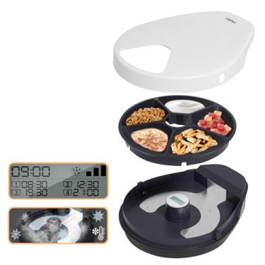 Imagem de Alimentador automático de alimentos úmidos para gatos com resfriamento, refrigeração semicondutora, com temporizador, 5 compartimentos de comida para 330 g cada, pratos de refeição premium, laváveis